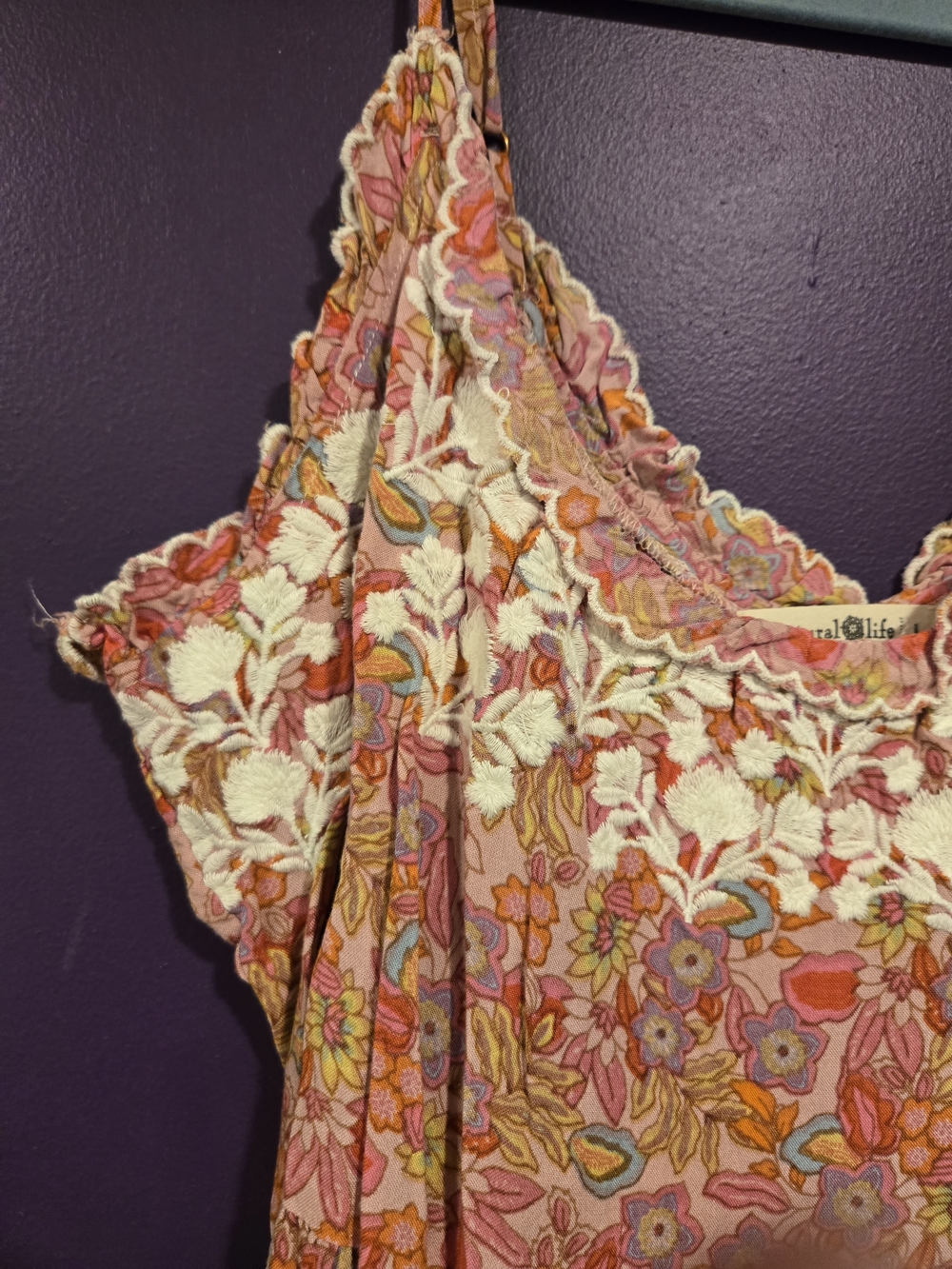 *NATURAL LIFE* Pink and Orange Floral Embroidered Mini Dress - Picture 2 of 7